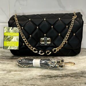 Badgley Mischka CROSSBODY Bag BLACK DIAMOND QUILT Gold Studs & Chain Detail NEW